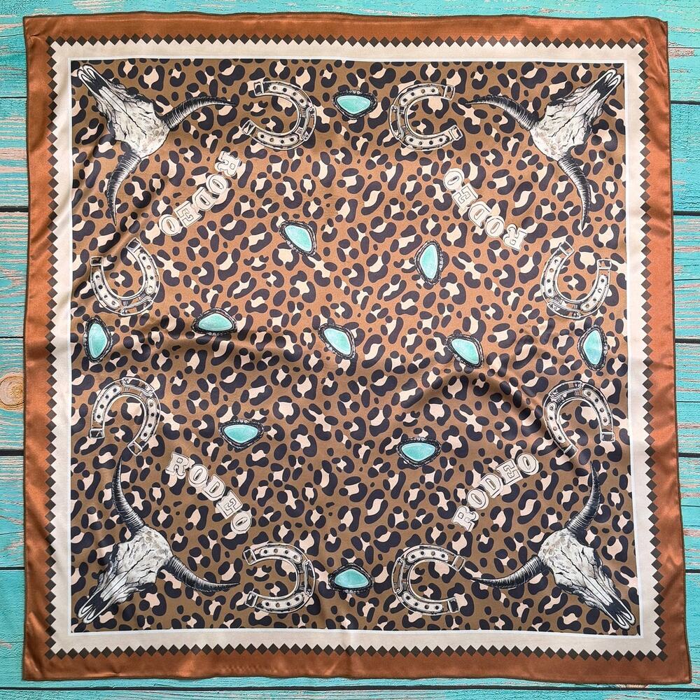 Western Longhorn Print Silky Wild Rag | 36x36 | Mocha & Turquoise